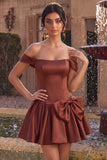 Desert Rose A-Line Satin Off the Shoulder Cocktail Dress with Bow