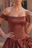 Desert Rose A-Line Satin Off the Shoulder Cocktail Dress with Bow