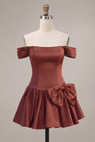 Desert Rose A-Line Satin Off the Shoulder Cocktail Dress with Bow