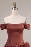 Desert Rose A-Line Satin Off the Shoulder Cocktail Dress with Bow