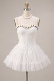 Lace Sweetheart White A-Line Corset Short Cocktail Dress with Ruffles