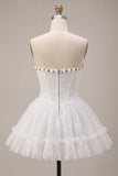 Lace Sweetheart White A-Line Corset Short Cocktail Dress with Ruffles