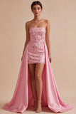 Strapless Pink Bodycon Sequins Cocktail Dress with Sash