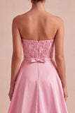 Strapless Pink Bodycon Sequins Cocktail Dress with Sash