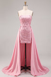 Strapless Pink Bodycon Sequins Cocktail Dress with Sash