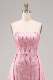 Strapless Pink Bodycon Sequins Cocktail Dress with Sash