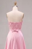 Strapless Pink Bodycon Sequins Cocktail Dress with Sash