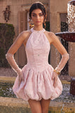 Halter Neck Pink A-Line Floral Corset Jacquard Beaded Cocktail Dress