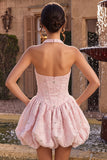 Halter Neck Pink A-Line Floral Corset Jacquard Beaded Cocktail Dress