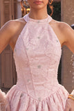 Halter Neck Pink A-Line Floral Corset Jacquard Beaded Cocktail Dress