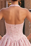 Halter Neck Pink A-Line Floral Corset Jacquard Beaded Cocktail Dress