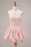 Halter Neck Pink A-Line Floral Corset Jacquard Beaded Cocktail Dress
