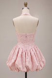 Halter Neck Pink A-Line Floral Corset Jacquard Beaded Cocktail Dress
