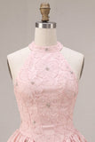 Halter Neck Pink A-Line Floral Corset Jacquard Beaded Cocktail Dress