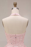 Halter Neck Pink A-Line Floral Corset Jacquard Beaded Cocktail Dress