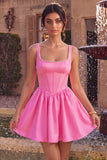 Pink A-Line Corset Square Neck Satin Pearl Short Cocktail Dress