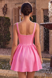 Pink A-Line Corset Square Neck Satin Pearl Short Cocktail Dress
