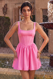 Pink A-Line Corset Square Neck Satin Pearl Short Cocktail Dress