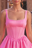 Pink A-Line Corset Square Neck Satin Pearl Short Cocktail Dress