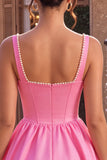 Pink A-Line Corset Square Neck Satin Pearl Short Cocktail Dress