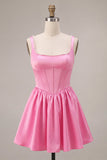 Pink A-Line Corset Square Neck Satin Pearl Short Cocktail Dress