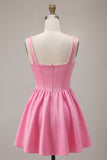 Pink A-Line Corset Square Neck Satin Pearl Short Cocktail Dress