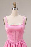 Pink A-Line Corset Square Neck Satin Pearl Short Cocktail Dress