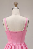 Pink A-Line Corset Square Neck Satin Pearl Short Cocktail Dress