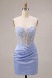 Sky Blue Strapless Satin Ruched Pearl Short Cocktail Dress