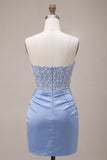 Sky Blue Strapless Satin Ruched Pearl Short Cocktail Dress