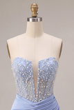 Sky Blue Strapless Satin Ruched Pearl Short Cocktail Dress