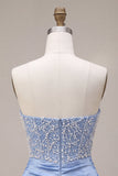 Sky Blue Strapless Satin Ruched Pearl Short Cocktail Dress