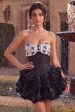Black Satin A-Line Strapless Tiered Ruffle Corset Cocktail Dress with Lace Up Back