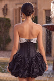 Black Satin A-Line Strapless Tiered Ruffle Corset Cocktail Dress with Lace Up Back