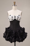 Black Satin A-Line Strapless Tiered Ruffle Corset Cocktail Dress with Lace Up Back