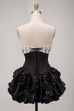 Black Satin A-Line Strapless Tiered Ruffle Corset Cocktail Dress with Lace Up Back