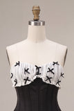 Black Satin A-Line Strapless Tiered Ruffle Corset Cocktail Dress with Lace Up Back