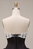 Black Satin A-Line Strapless Tiered Ruffle Corset Cocktail Dress with Lace Up Back