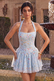 Sky Blue A-Line Halter Neck Corset Floral Short Cocktail Dress with Ruffles