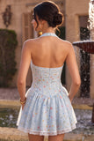 Sky Blue A-Line Halter Neck Corset Floral Short Cocktail Dress with Ruffles