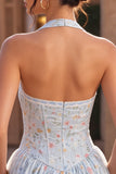 Sky Blue A-Line Halter Neck Corset Floral Short Cocktail Dress with Ruffles