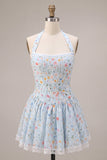 Sky Blue A-Line Halter Neck Corset Floral Short Cocktail Dress with Ruffles