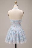 Sky Blue A-Line Halter Neck Corset Floral Short Cocktail Dress with Ruffles