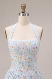 Sky Blue A-Line Halter Neck Corset Floral Short Cocktail Dress with Ruffles