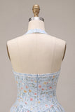 Sky Blue A-Line Halter Neck Corset Floral Short Cocktail Dress with Ruffles
