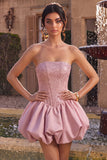 A-Line Pink Strapless Corset Satin Cocktail Dress with Beading