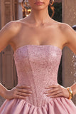 A-Line Pink Strapless Corset Satin Cocktail Dress with Beading