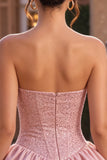 A-Line Pink Strapless Corset Satin Cocktail Dress with Beading