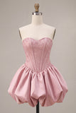 A-Line Pink Strapless Corset Satin Cocktail Dress with Beading