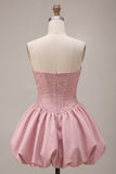 A-Line Pink Strapless Corset Satin Cocktail Dress with Beading